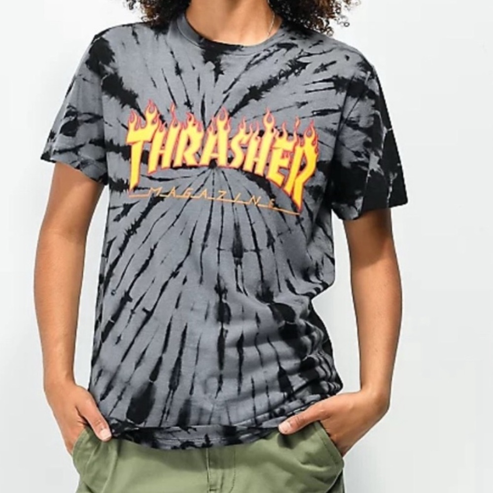 Thrasher Flame Logo Black & Grey Tie Dye T-Shirt Size Medium